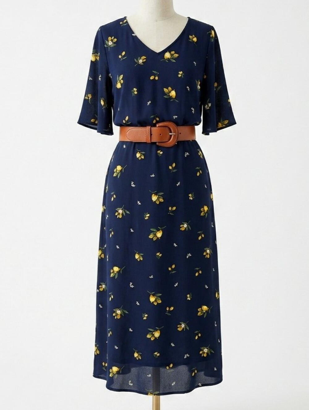 NIKO AND... Navy Blue Lemon Print Midi Dress Smocked Waist Size 4 Japanese Brand